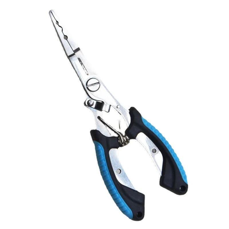 Straight mouth fishing pliers with hook tool, red ABS plastic handle, on a nylon bag with strap.