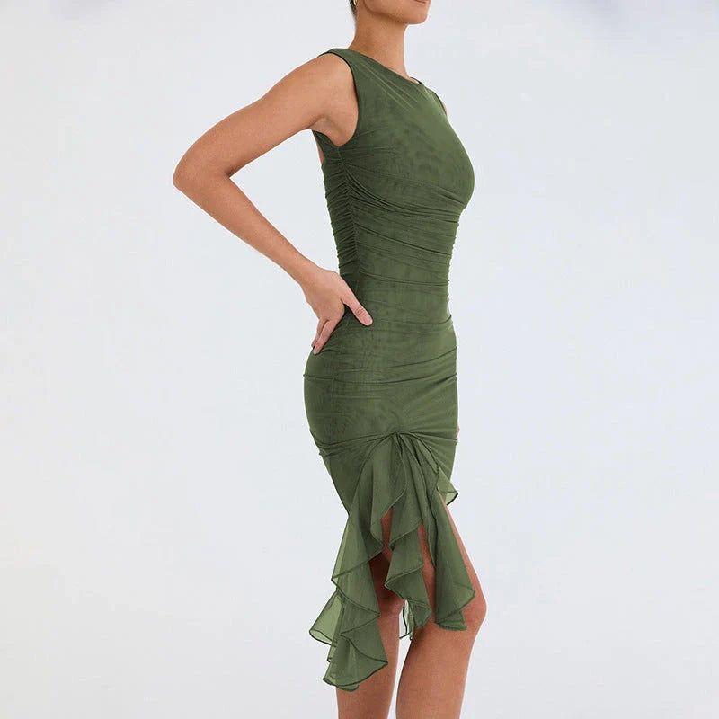 Sleeveless mini dress in solid colors, including black, army green, and purple, with a flattering bodycon silhouette and collage-inspired splicing detail.