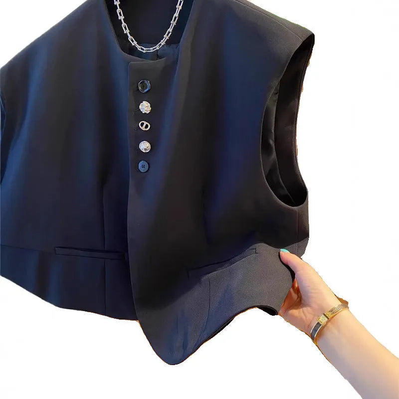 Beige loose-fitting polyester waistcoat dress with a pocket, shown on a hanger