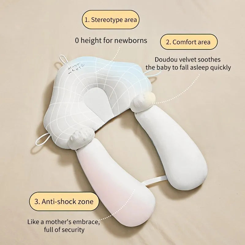 Blue and white U-shaped baby head shaping pillow with a pure cotton cover