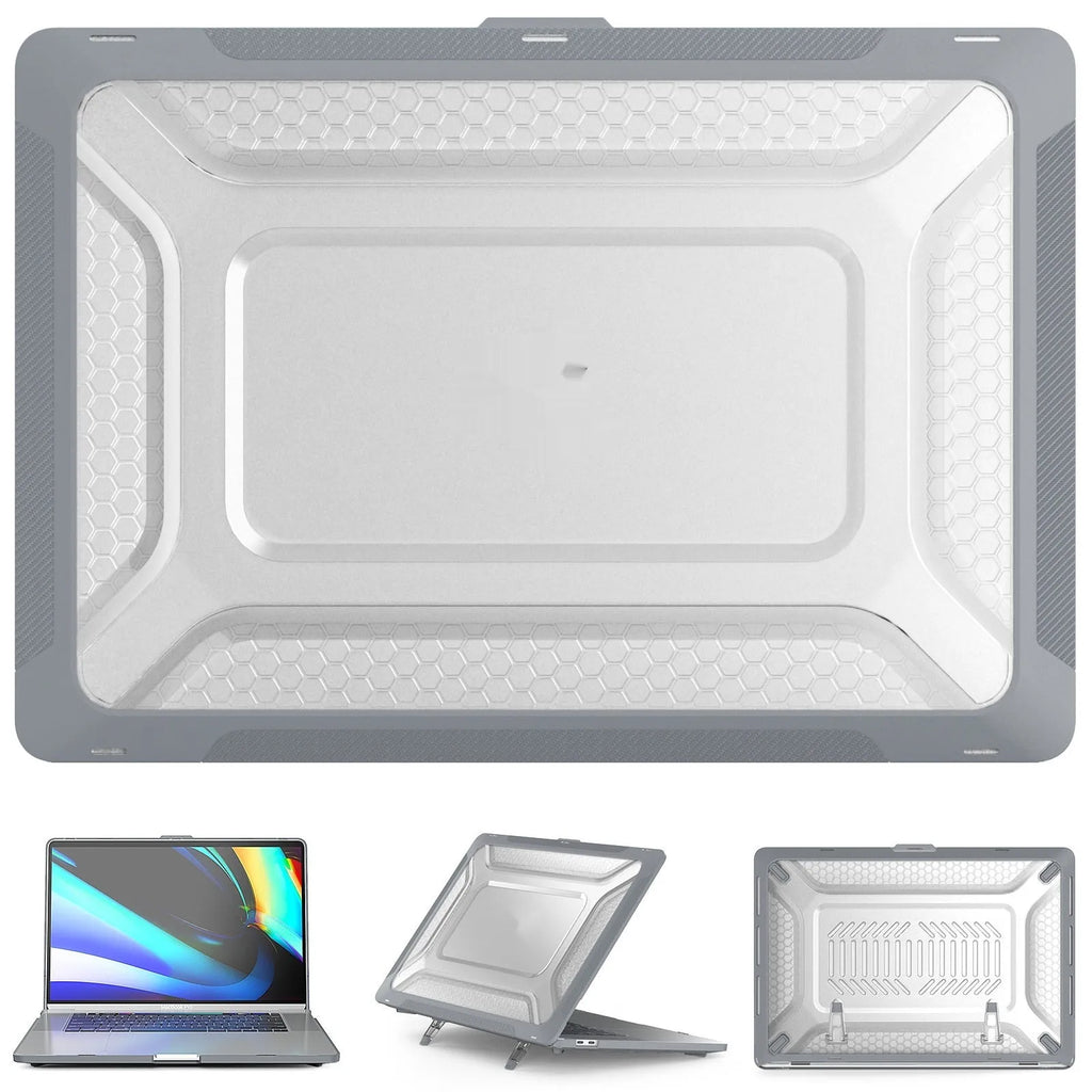 MacBook protective shell case in four colour options showing compatibility with Air and Pro models