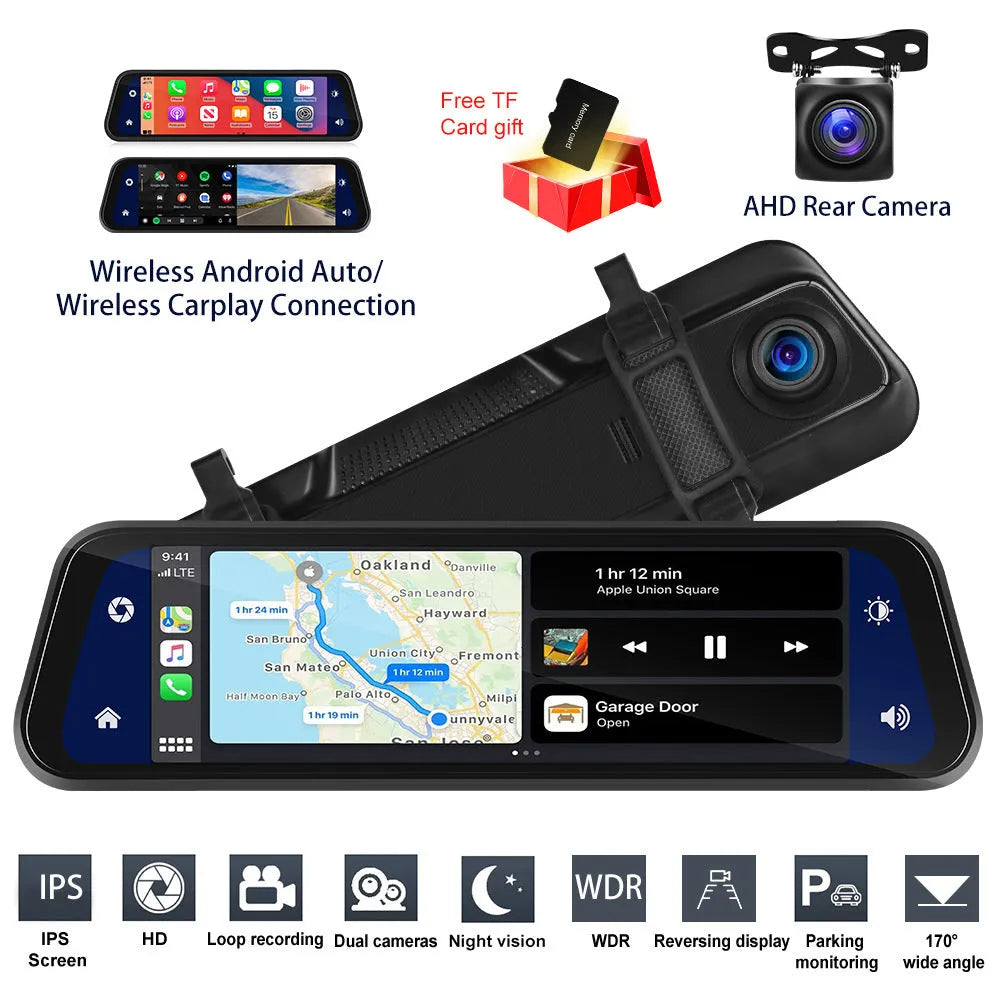 9.66-inch in-mirror car display showing split-screen view from front dashcam and waterproof rear camera.