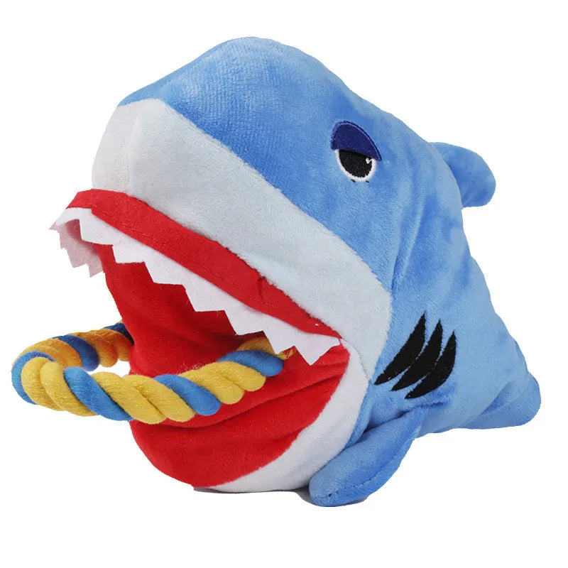 Soft plush monster shark dog toy for pet cuddles and gifting