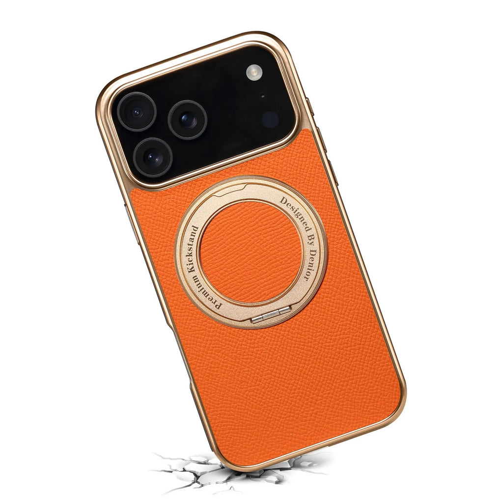 Genuine leather magnetic iPhone case with bracket in green, black, orange or red