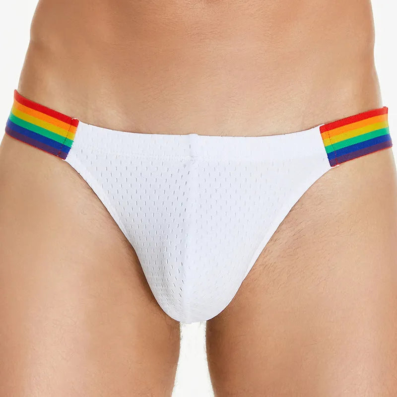 Men's black nylon mesh briefs with a low waist and multicolour rainbow waistband.