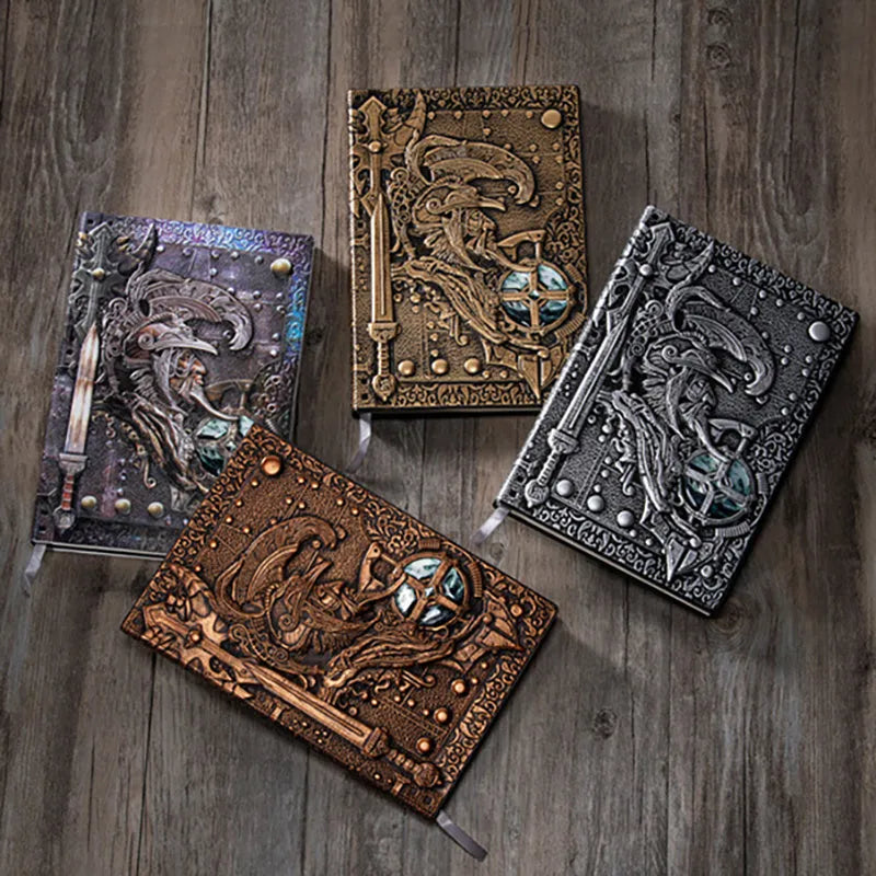 A5 leather notebook with embossed 3D warriors relief design on the cover, shown in bronze colour.