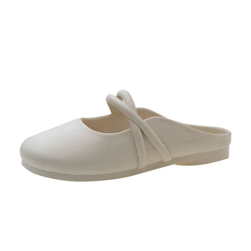 Women's plastic flip flop sandals with baotou toe design in black, beige, or green