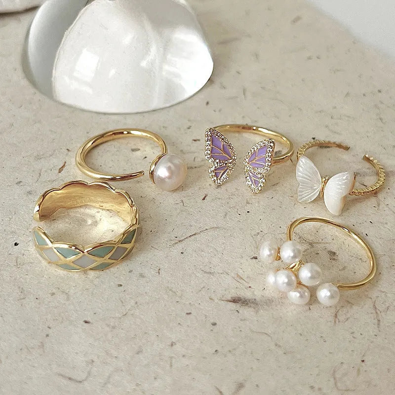 Purple flower cluster butterfly ring for women, copper with electroplating, niche design