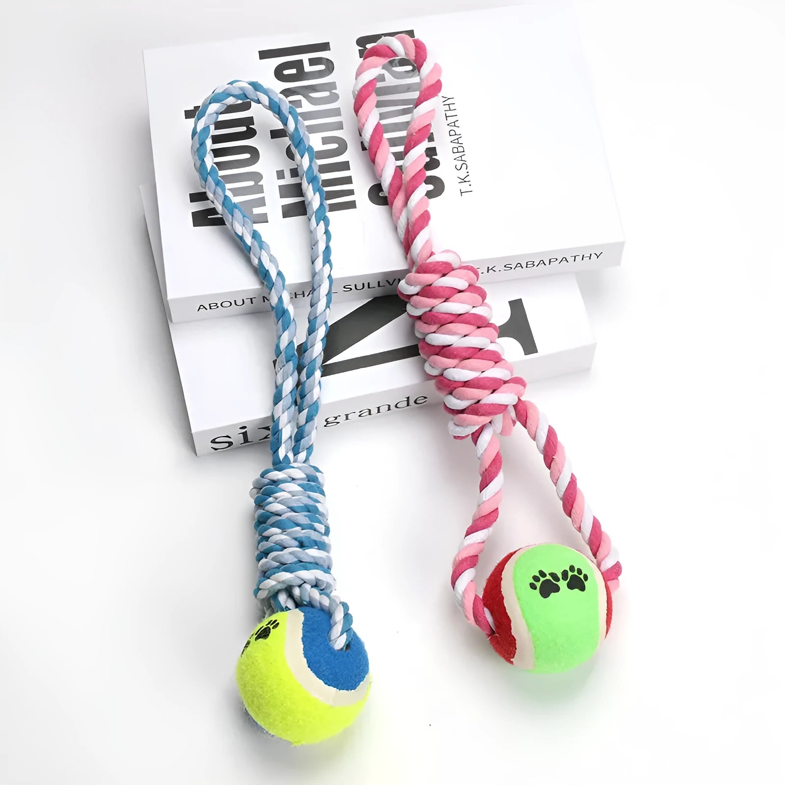 38cm long cotton string dog toy in red and white or blue and white colours for medium large breeds