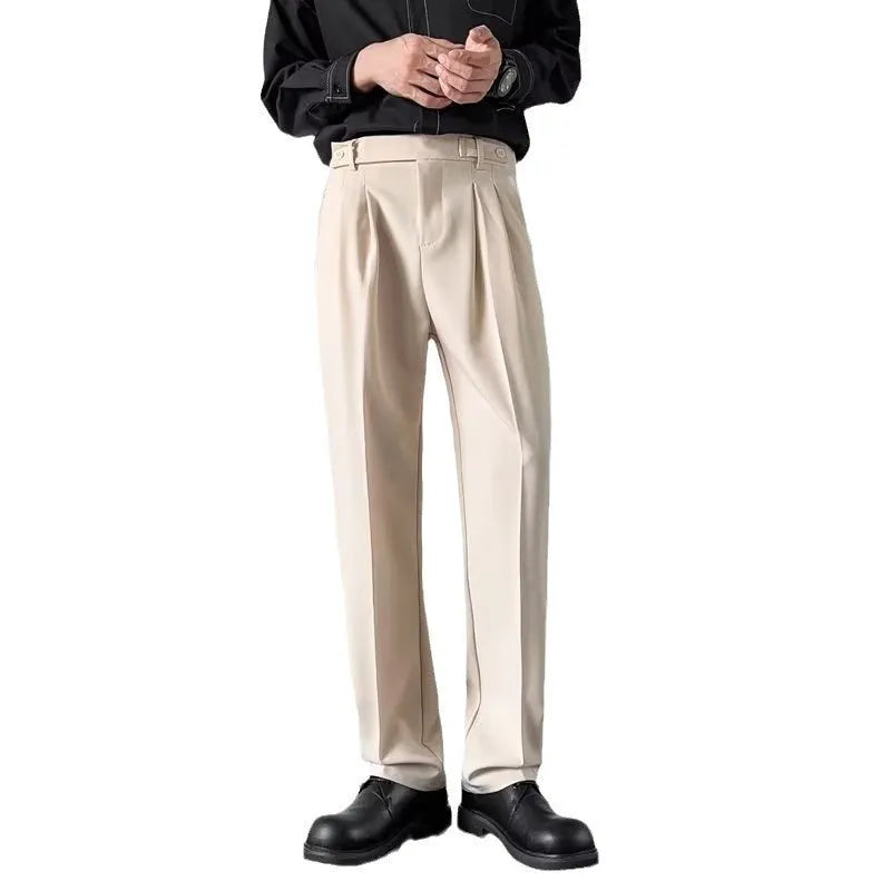 Men's straight loose trousers in apricot colour showing straight leg cut and polyester fabric