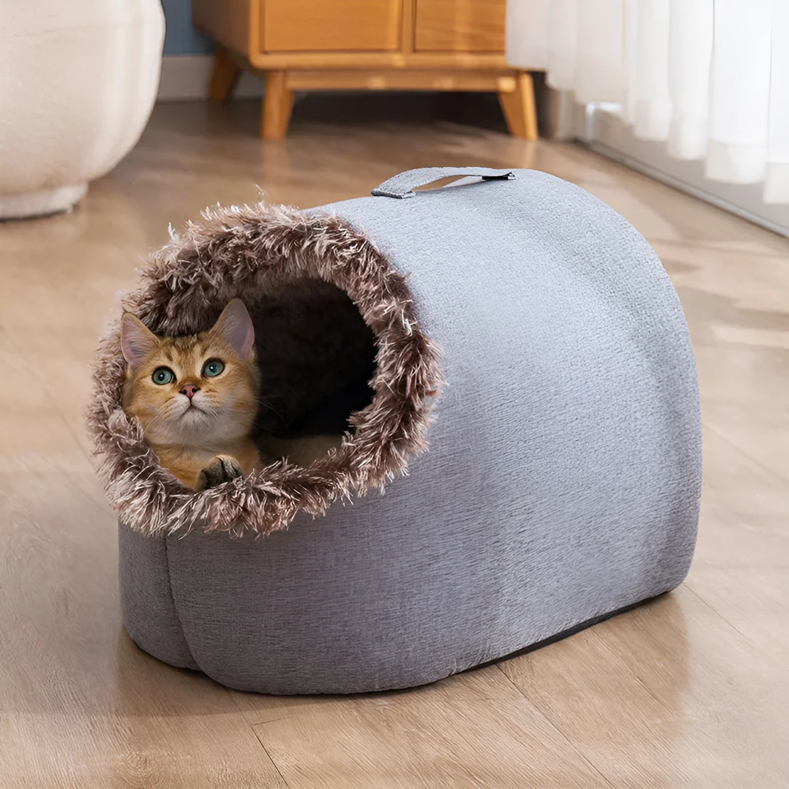 Grey fleece-lined cat nest sleeping bag with closed design for winter pet comfort