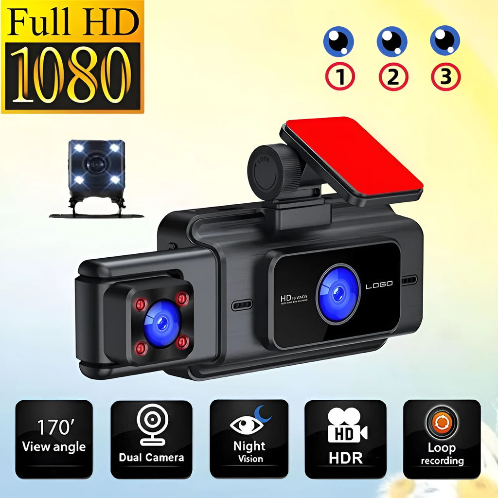 Black 3-lens car dash cam for front windshield with 3-inch screen and 170-degree wide angle lens