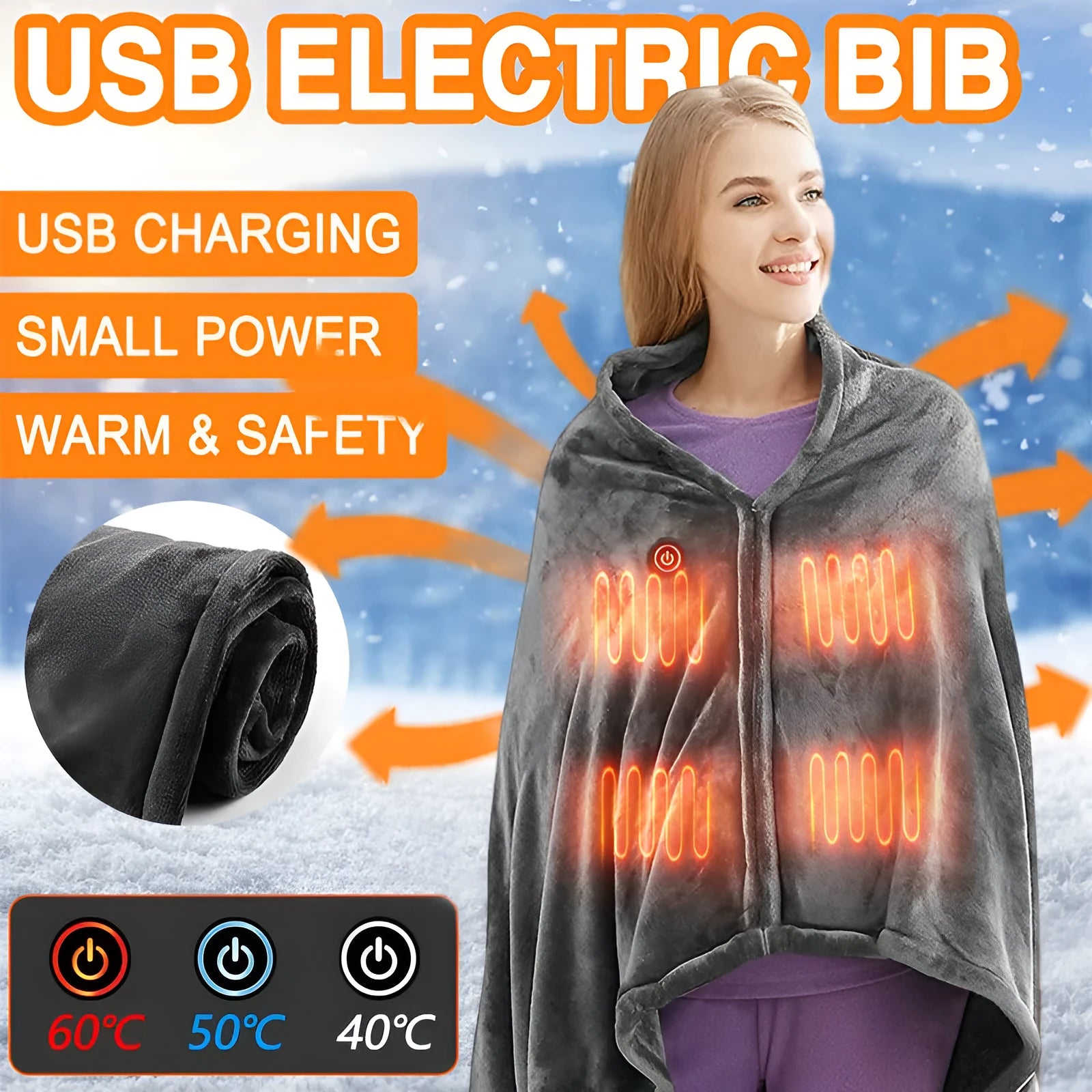 Dark grey USB electric heated plush blanket laid flat, showing controller with single button.