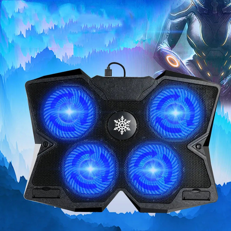 Black plastic notebook cooler with four fans and USB ports for laptop cooling