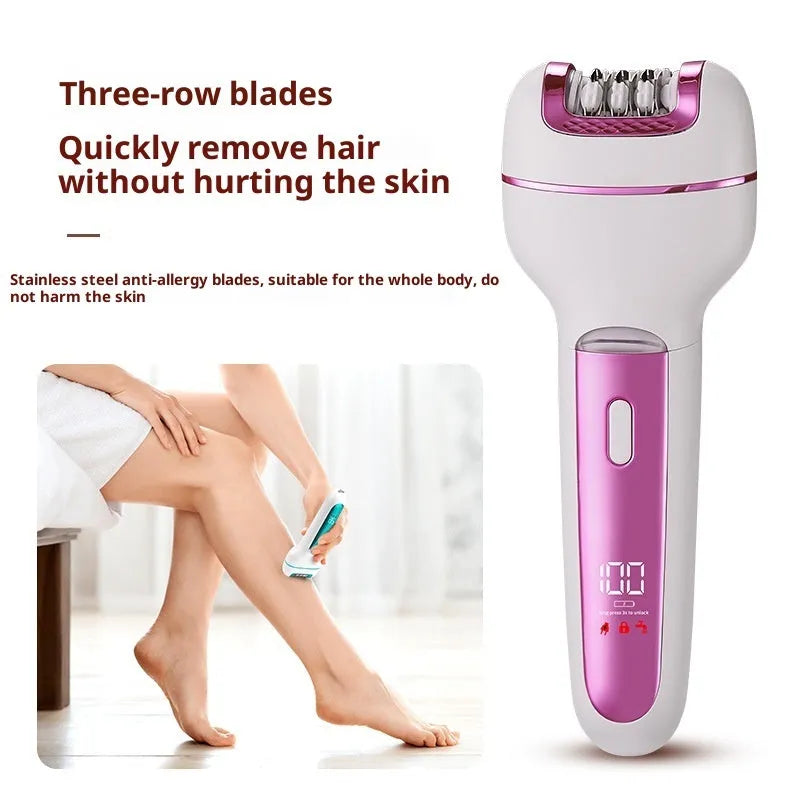 Women's USB-powered 3-in-1 hair removal set with stainless steel blade, gold colour, on white background