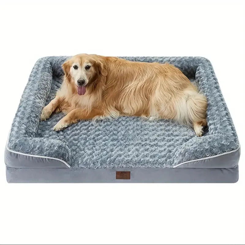 Light grey waterproof dog kennel pad with removable washable cover next to a dog crate.