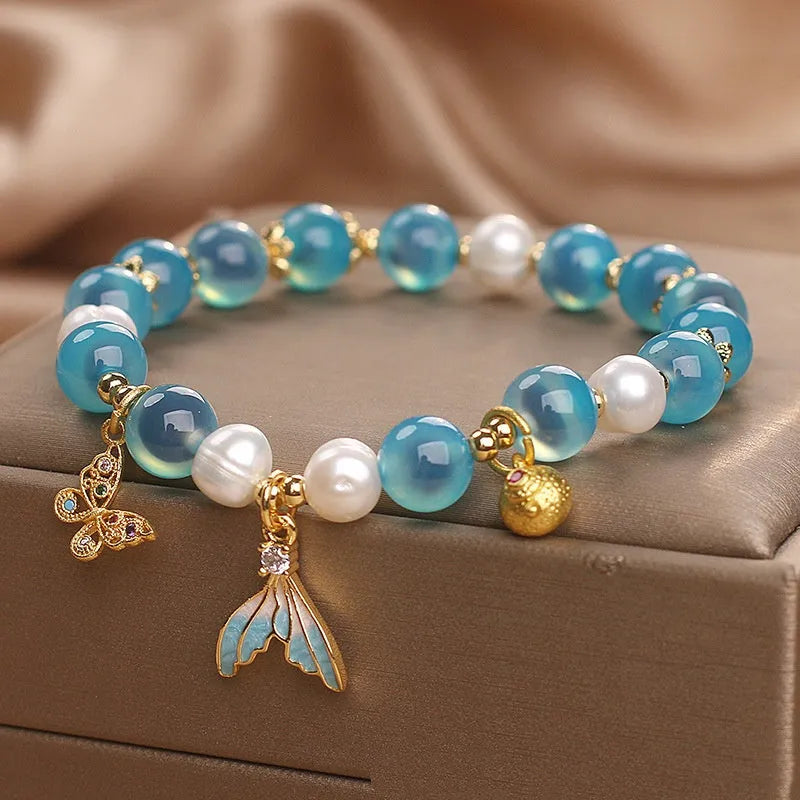 Blue sugar agate bracelet for women with butterfly detail in Chinese style