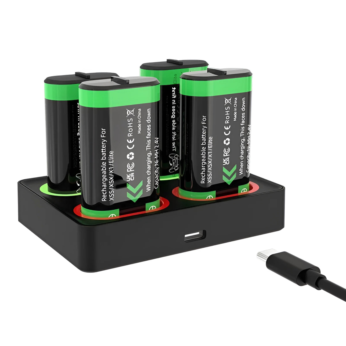 Black ABS battery charging base for Xbox One, Xbox Series S and Xbox Series X controllers, 147 x 139 x 22 mm