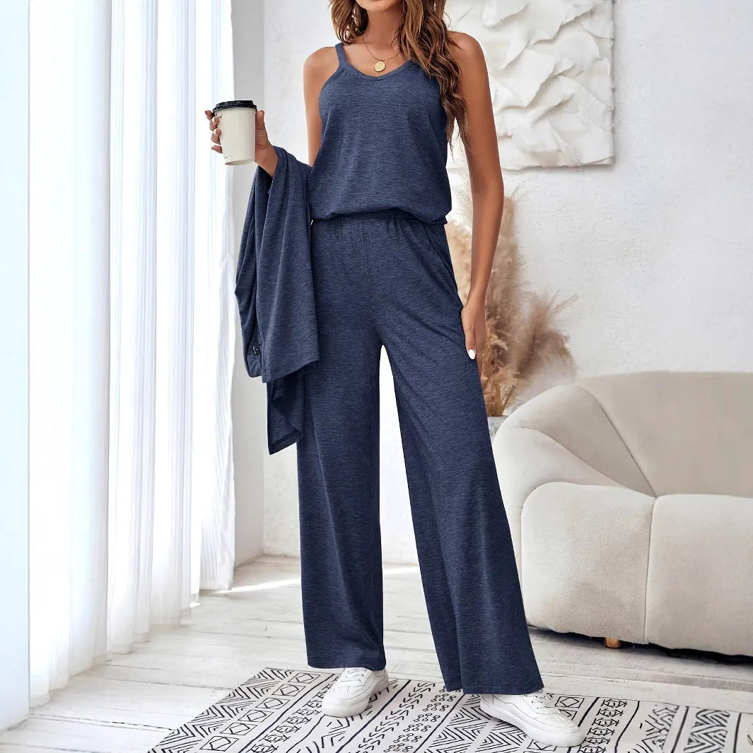 Women's blue polyester three-piece casual suit with trousers, top and matching suspenders in Japanese Korean style
