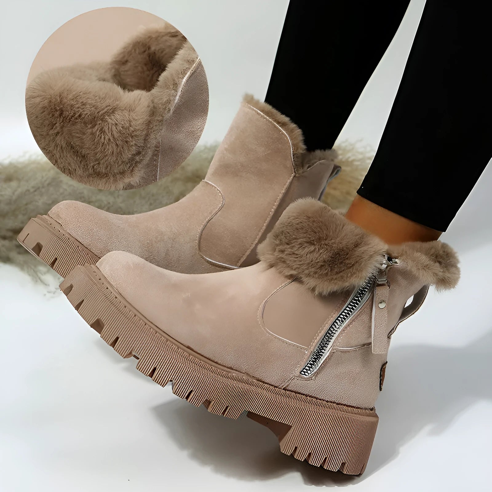 Women's black high-top snow boot with side zip, faux fur lining visible, and a rubber sole.