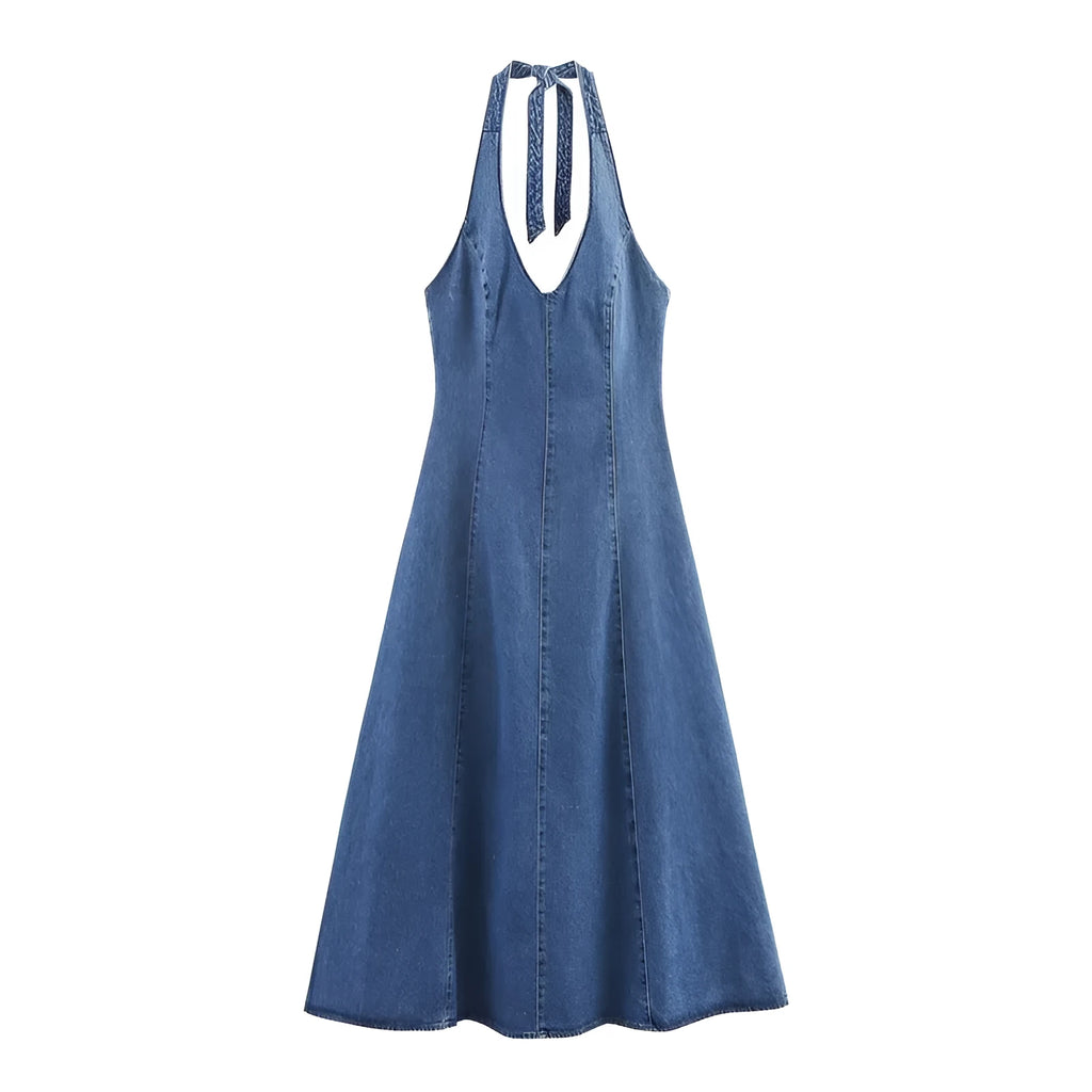 Off-the-shoulder backless halter neck denim dress for women with lace-up front and A-line skirt in picture colour