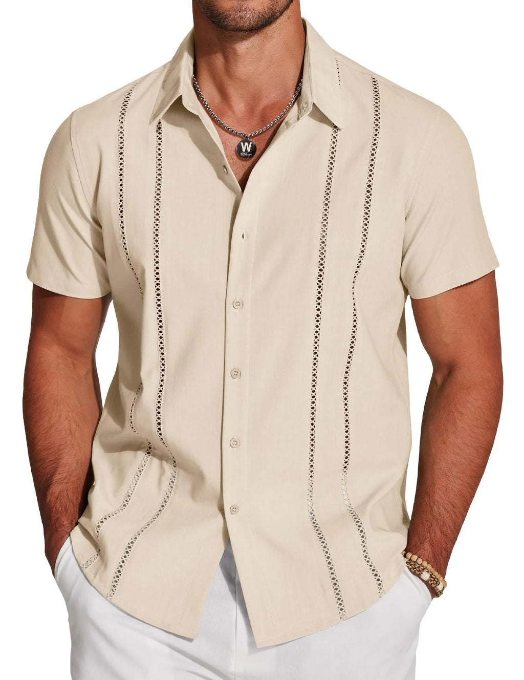 Men's slim fit Hawaiian short sleeve shirt with digital printing pattern and elastic polyester fabric