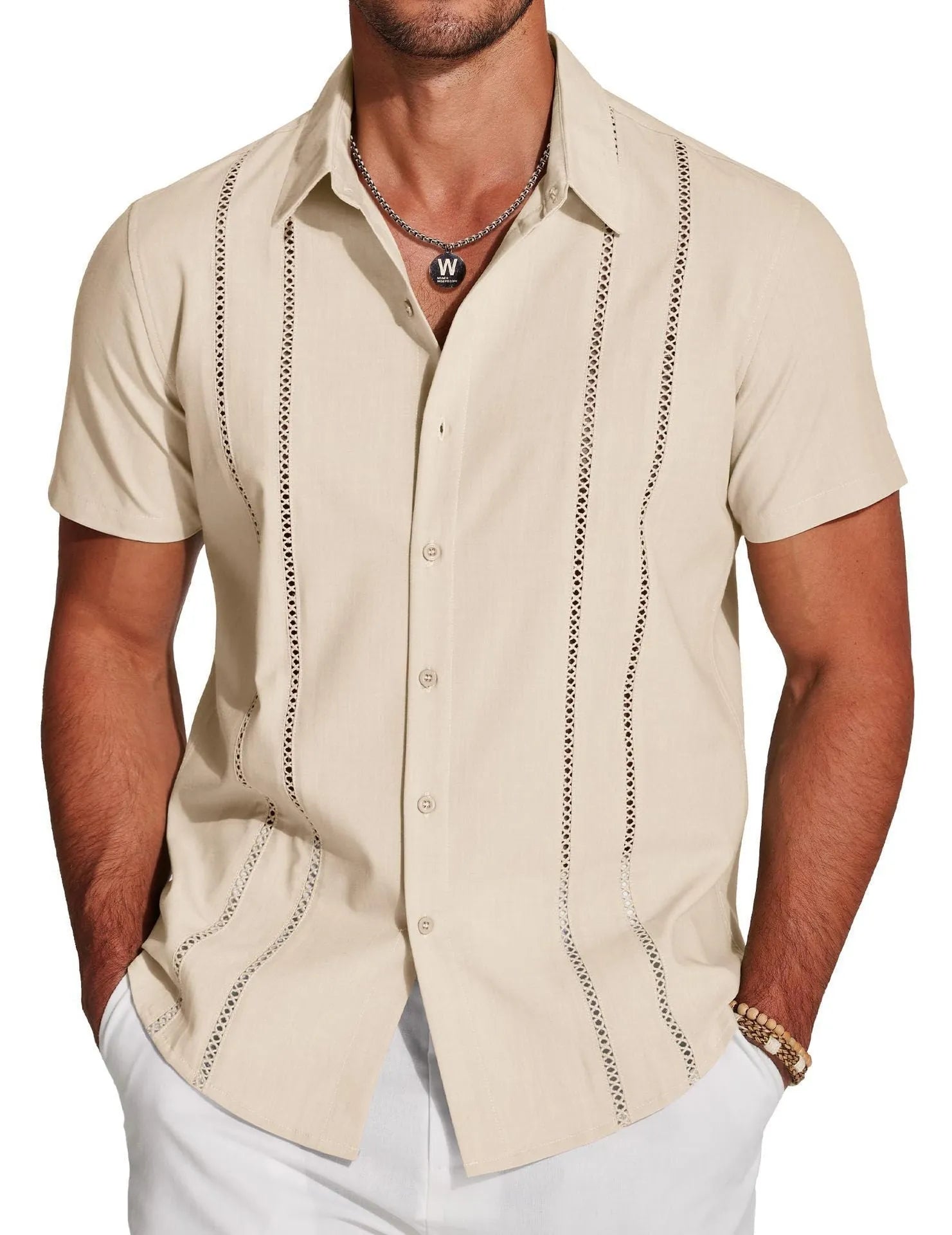 Men's slim fit Hawaiian short sleeve shirt with digital printing pattern and elastic polyester fabric
