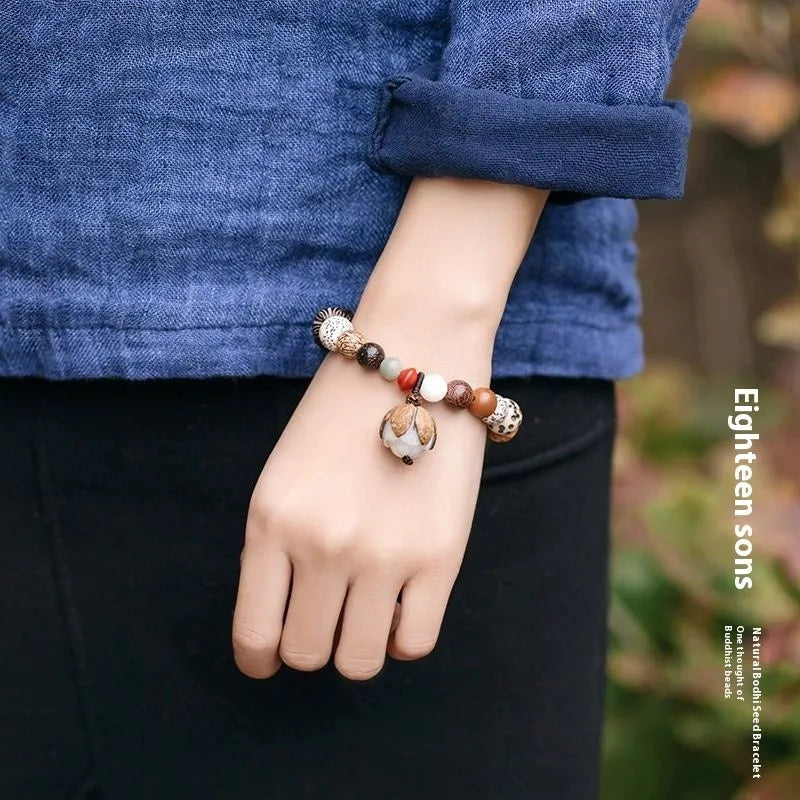 Women's 18-seed bodhi bracelet with geometric design on 16cm wrist
