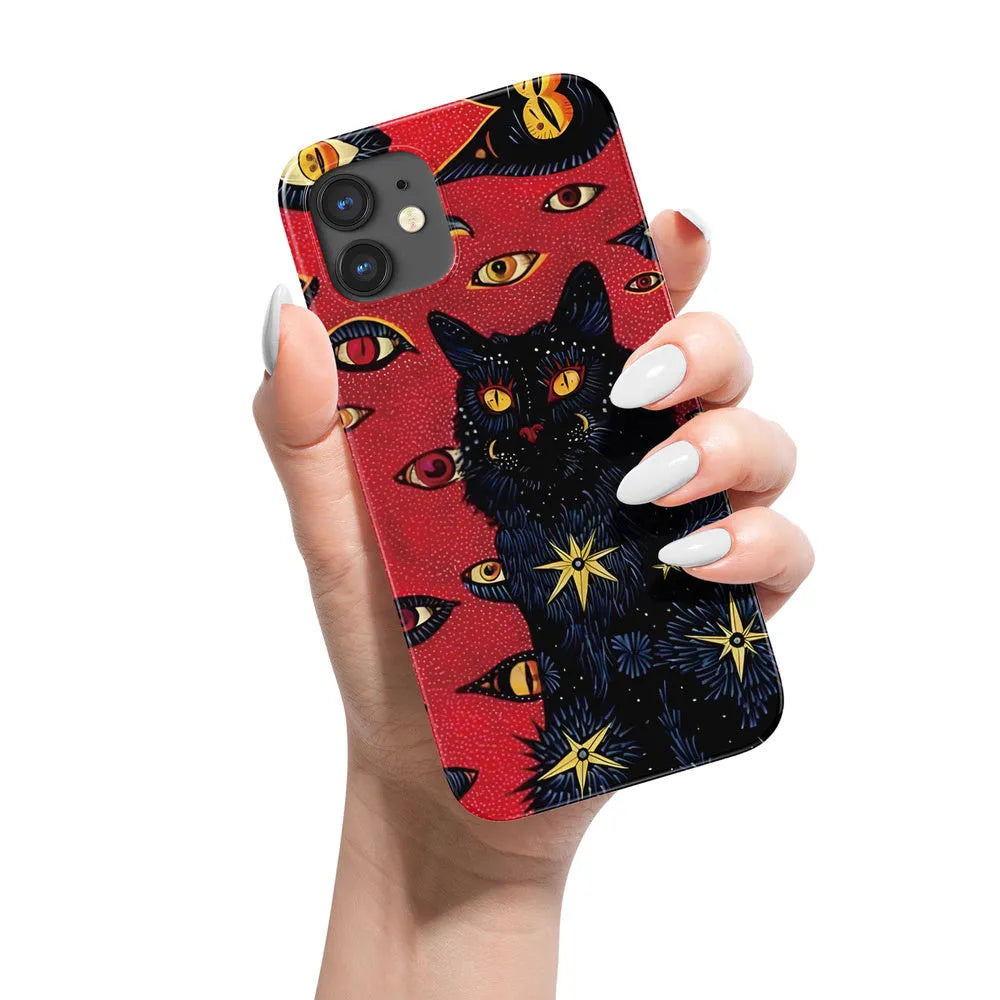 Retro cat eye design hard shell phone case for iPhone, shown in glossy and frosted finish options.