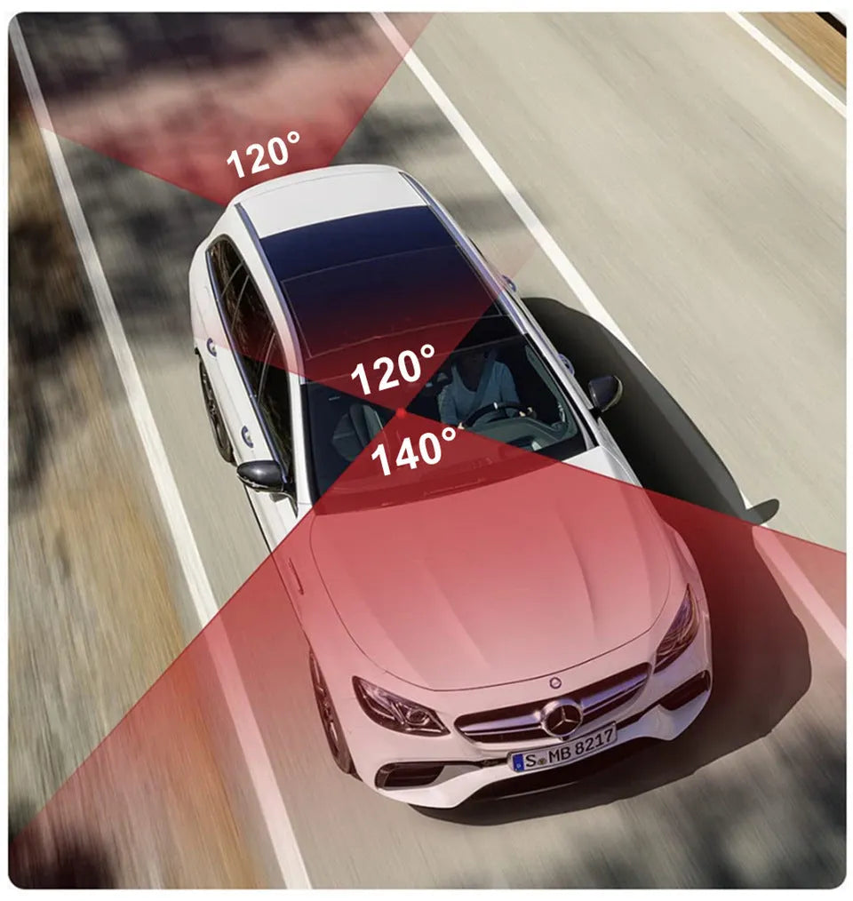 Black 3-lens car dash camera with touch screen for HD 1080P recording.
