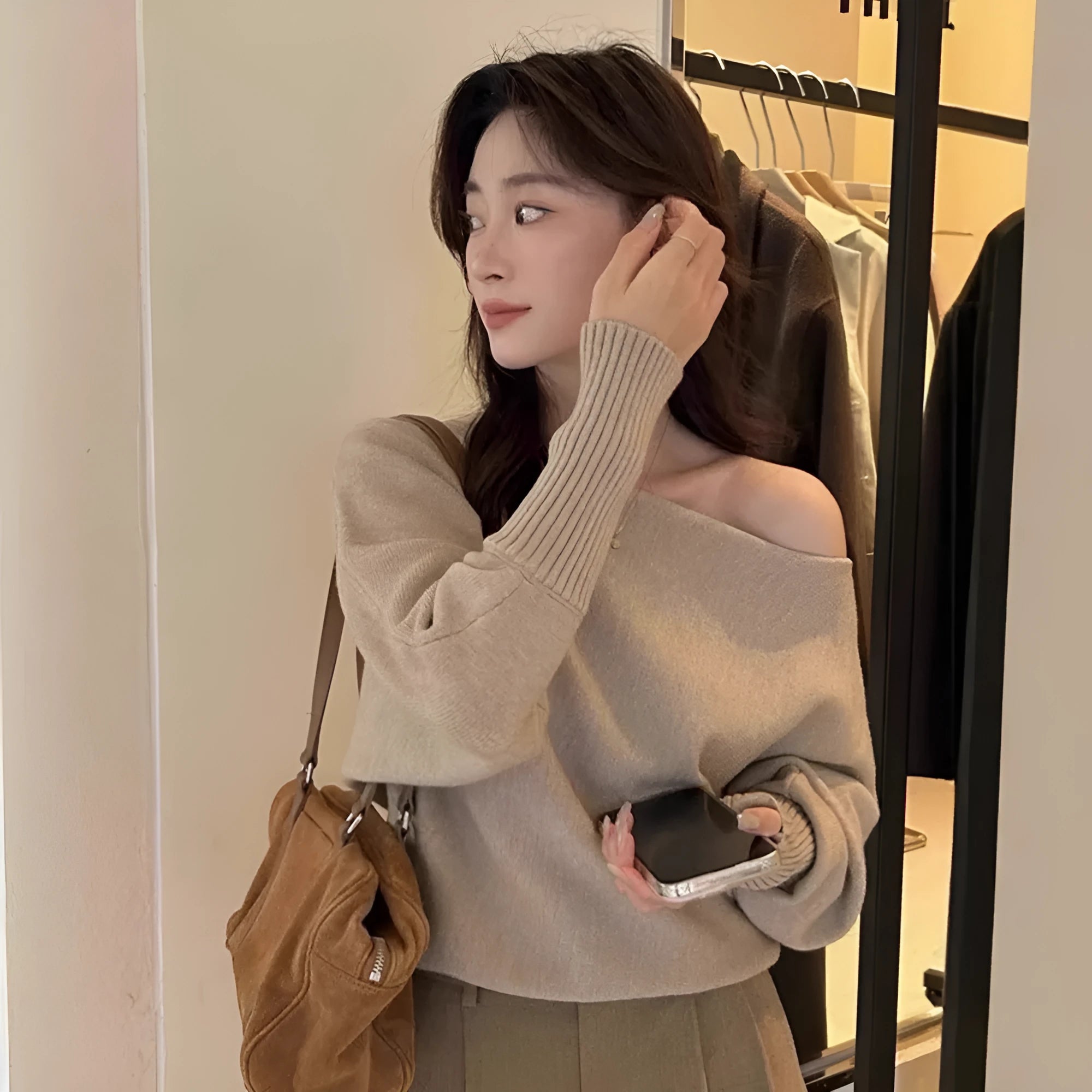 Women's long sleeve viscose fibre blouse pullover in light grey colour