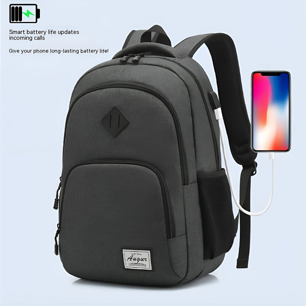 Grey USB charging backpack with trolley sleeve showing water-resistant nylon fabric and charging interface