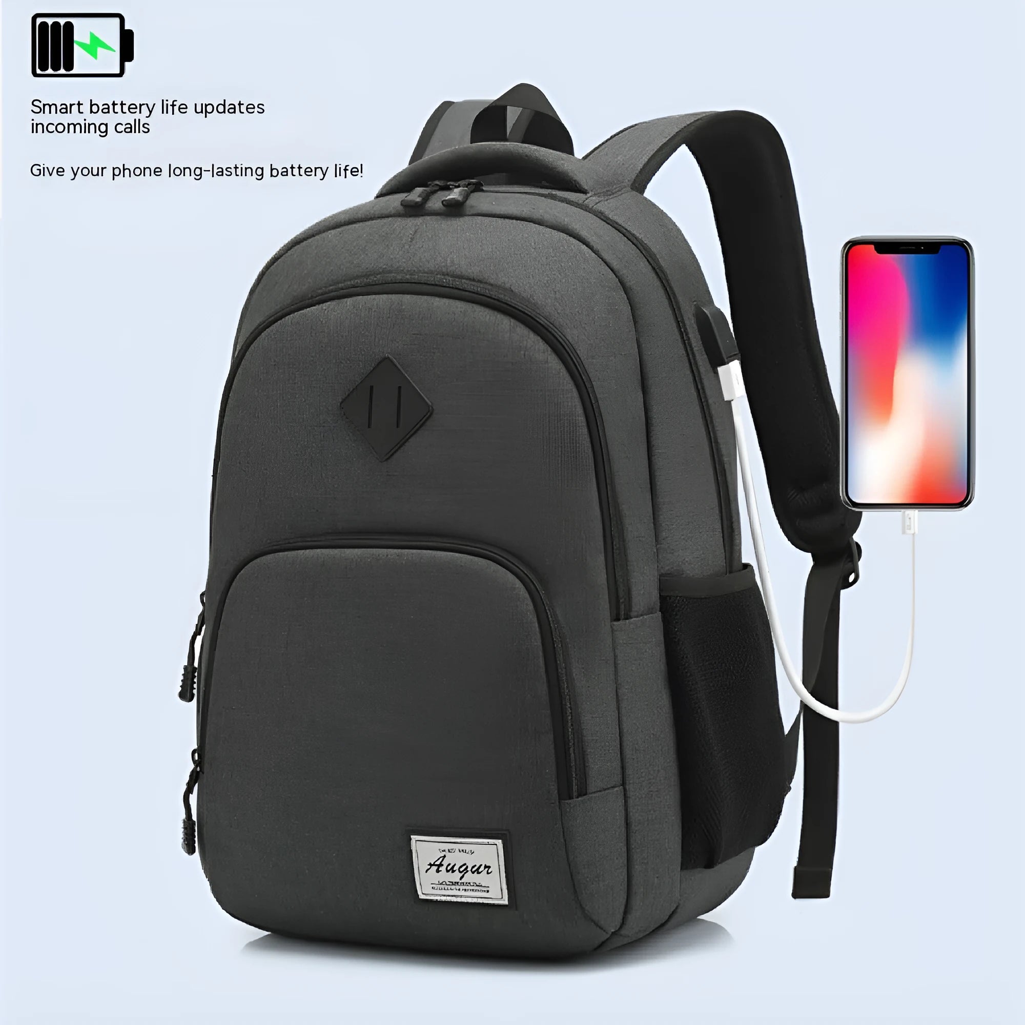 Grey USB charging backpack with trolley sleeve showing water-resistant nylon fabric and charging interface