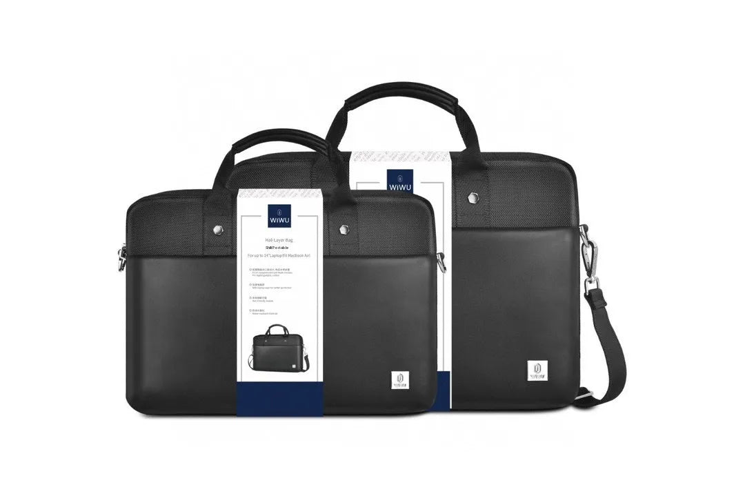 Black Oxford cloth laptop handbag showing multi-pocket organisation and expansion feature.
