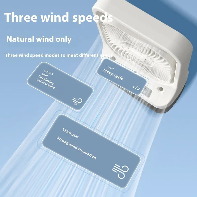 White USB rechargeable household cooling fan with adjustable head, water tank, and colourful night lights