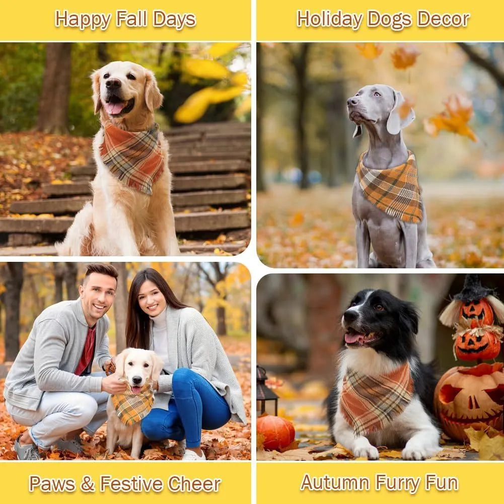 Classic plaid dog bandana with tassels edges in autumn colours