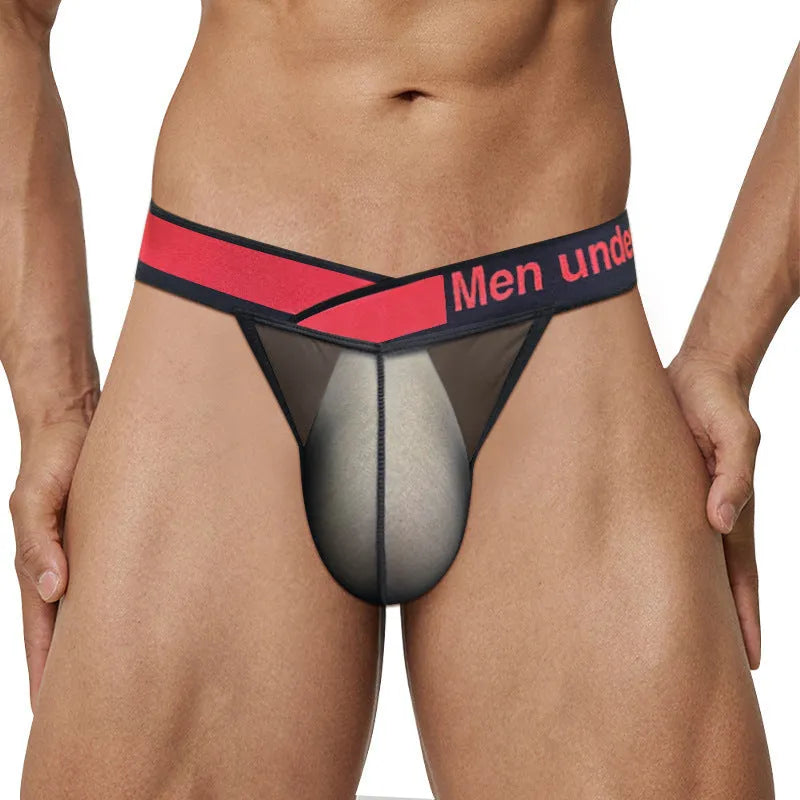 Men's transparent ice silk breathable underwear in nylon with large V gradient design and high fork cut