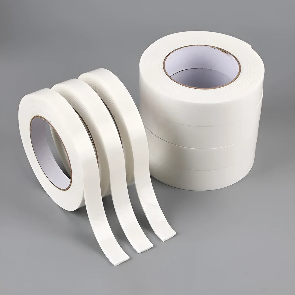 Roll of 3mm thick foam double-sided adhesive tape showing sponge core, with size options 15mm, 18mm, and 30mm wide.