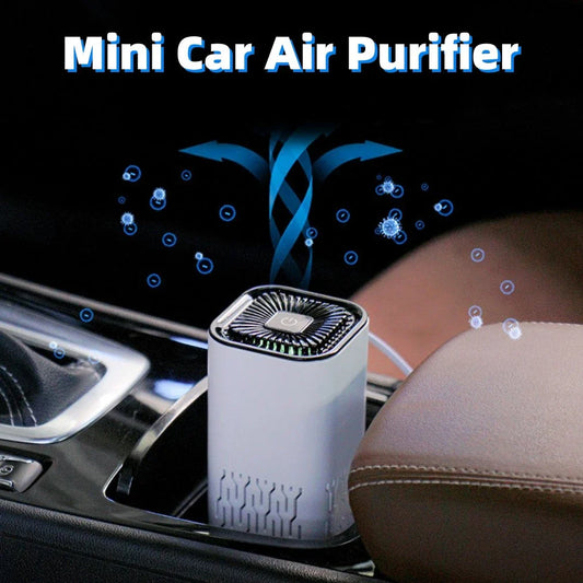 Compact, portable air purifier with dual-inlet design, negative ion generator, and efficient filtration for home and car use