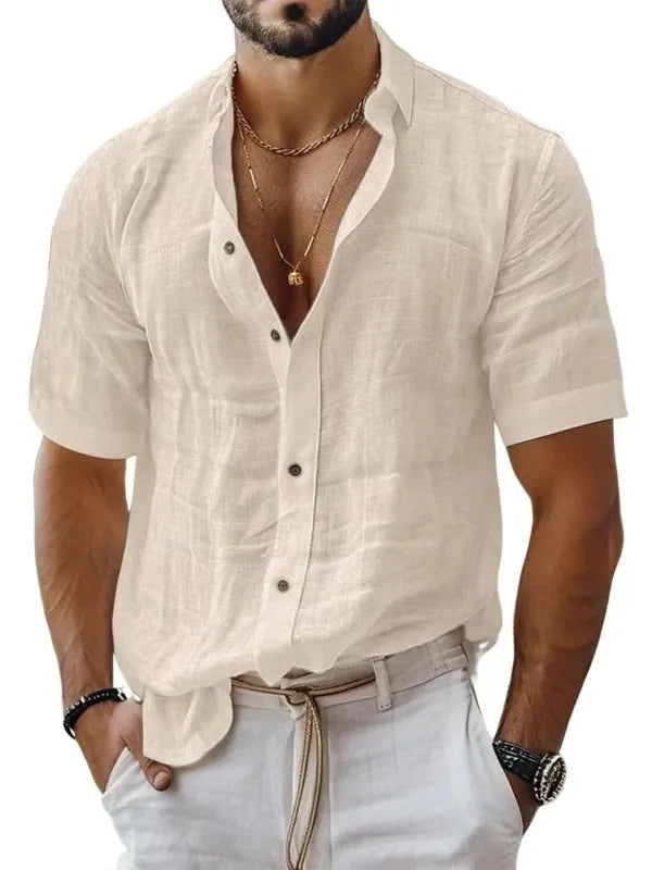 Men's short sleeve lapel shirt in light green, shown in a cardigan style with a casual fit.