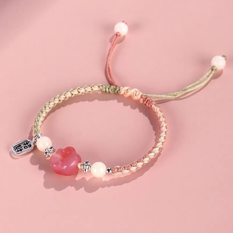 Red cat's paw woven couple bracelet with glass and coloured glaze in pastoral style
