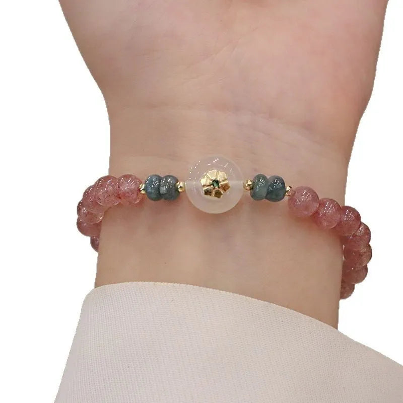 New Chinese style women's bracelet with strawberry quartz, blue water emerald pendant, geometric design