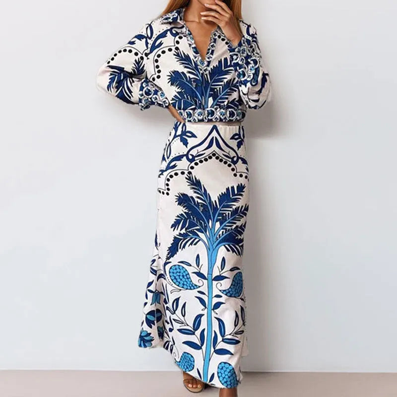 Women's long sleeve polyester top and long skirt co-ord set in picture colour.