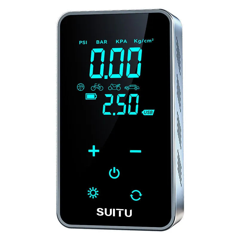 Black wireless car tyre inflator with LCD screen display and attached air hose on a grey background