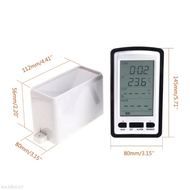 White and black plastic household rain gauge with electronic temperature and humidity meter, size 145x80mm, placed outdoors.
