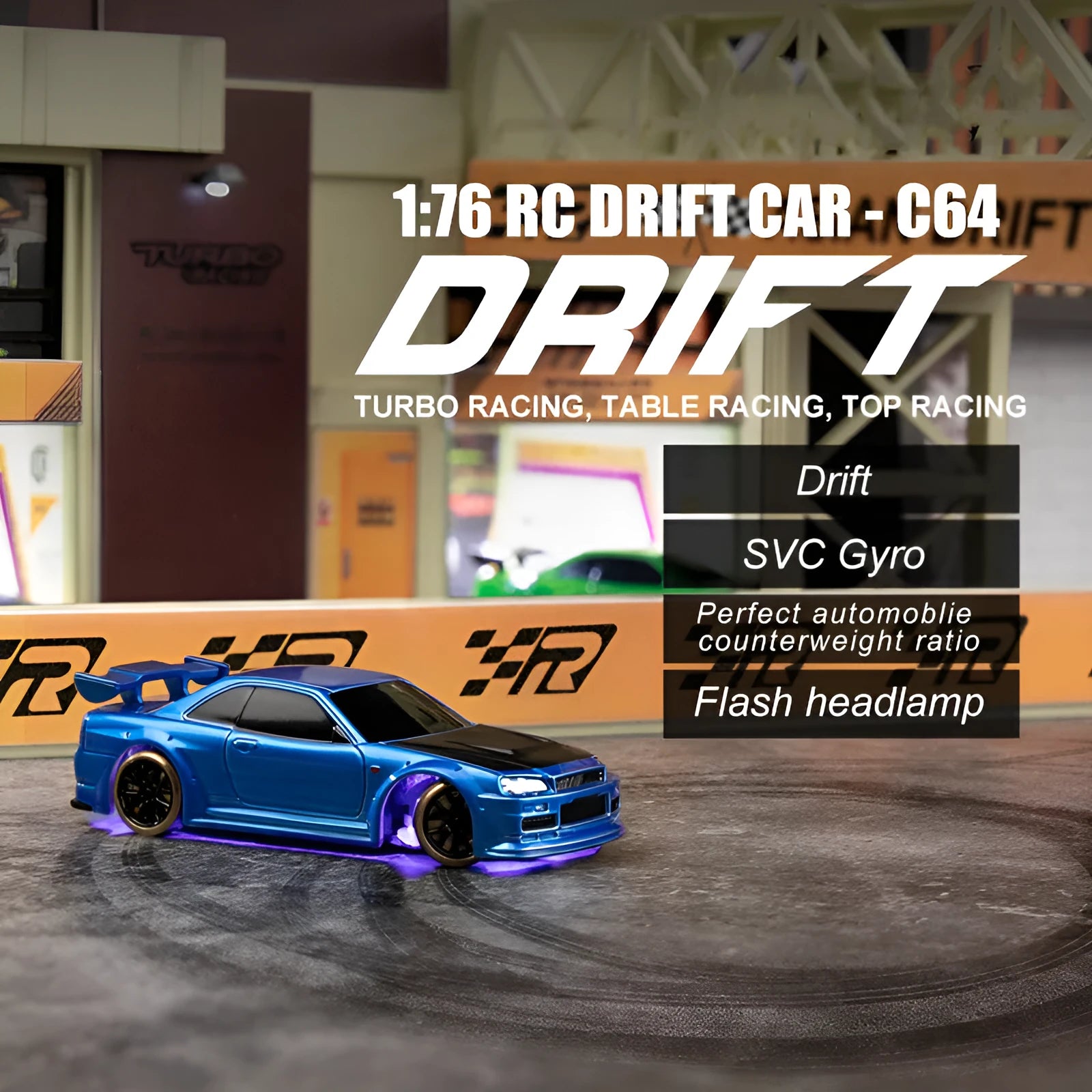 Turbo Racing C64 blue RC drift car with proportional remote control on racing track