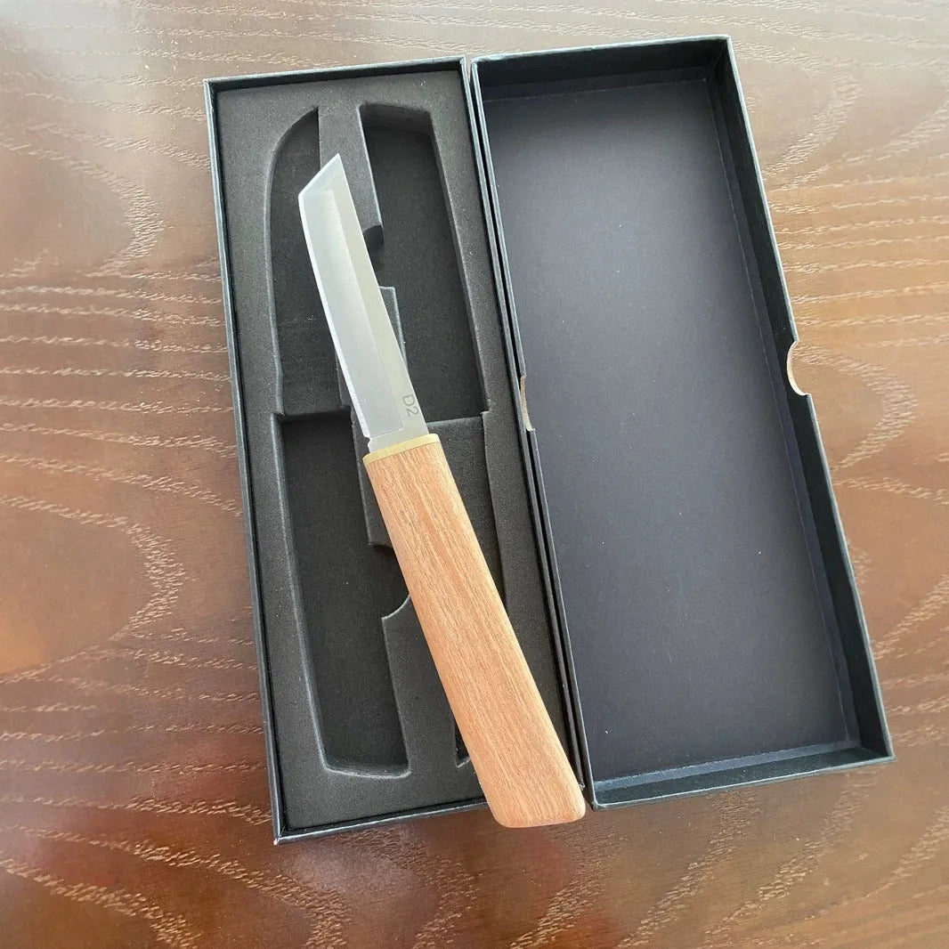 2-in-1 fruit knife set with pointed and square heads, stainless steel main material and wood handle area