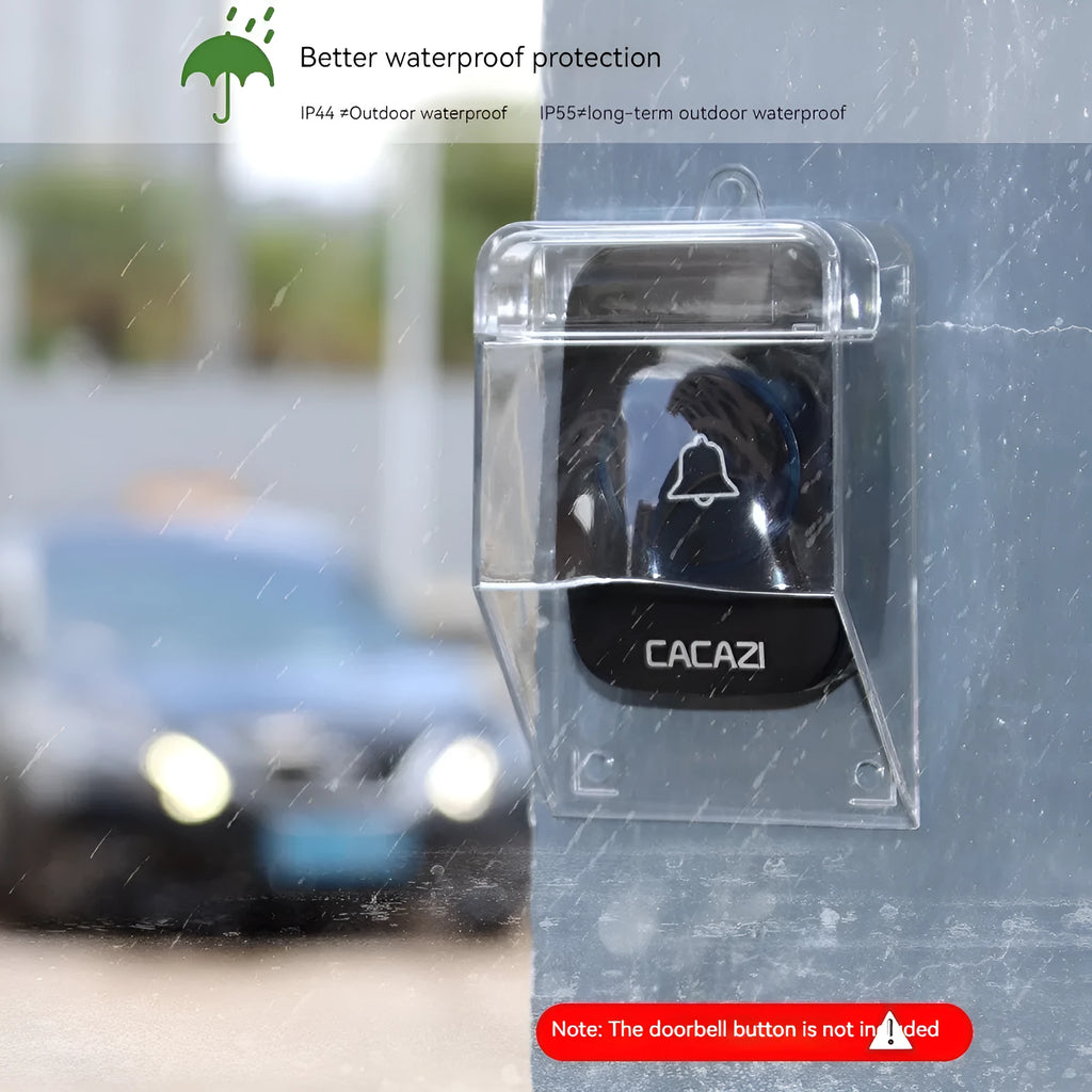 Transparent PC doorbell rain cover, 111 x 64 x 52mm, protecting a doorbell button from rain