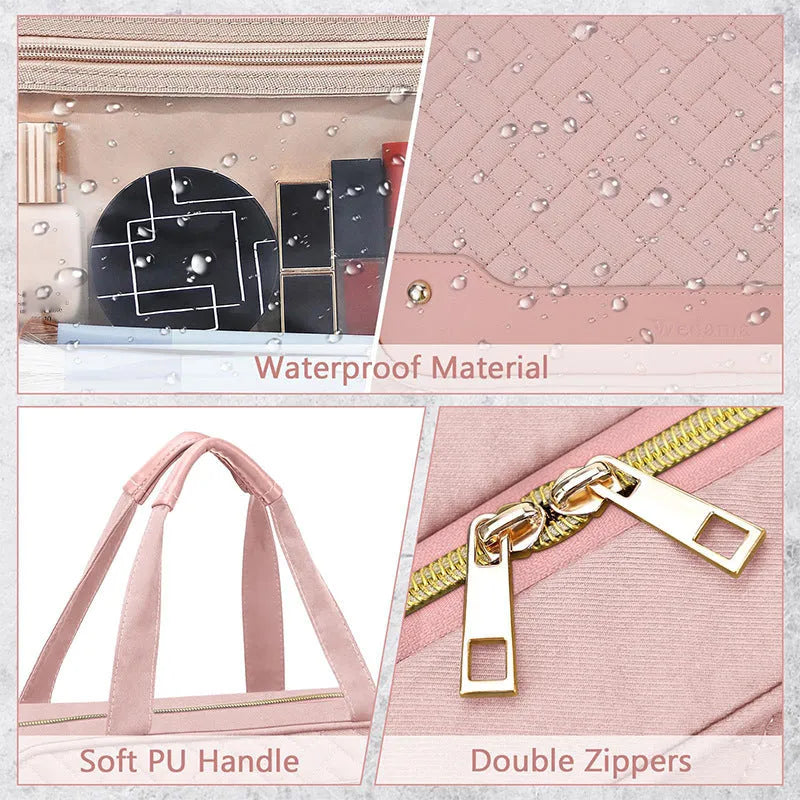Hanging waterproof cosmetic bag in pink or black measuring 30.5 x 11 x 22.9 cm