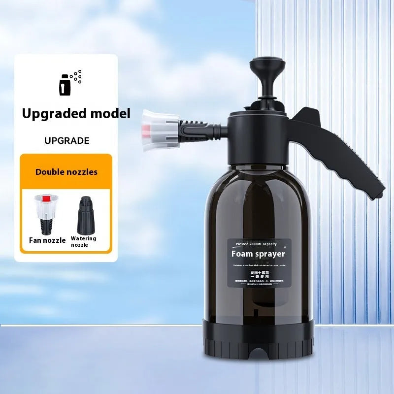 Black hand-held 2L foam watering can spray bottle with two nozzles for car washing and plant watering